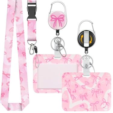 Imagem de Uniclife Porta-crachá deslizante moderno com padrão de laço com mosquetão retrátil e protetor de cartão de cordão removível para trabalhadores de escritório, professores, estudantes
