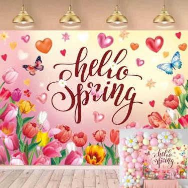 Imagem de Olá primavera pano de fundo colorido tulipas flores borboleta foto fundo tema primavera aniversário chá de bebê recém-nascido suprimentos de decoração de festa (8 x 6FT(240 x 180 cm)