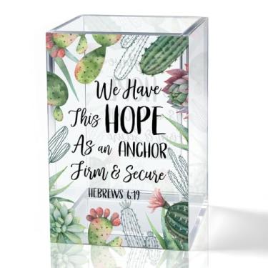 Imagem de QYUVK Be Still And Know That I Am God Porta-lápis de acrílico, suporte de caneta cristão para mesa, presentes cristãos para mulheres e meninas, versículos da Bíblia Suporte de cosméticos transparente