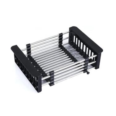 Imagem de Escorredor de pratos compacto retrátil de aço inoxidável para pia de cozinha - cesto de drenagem espesso e suporte de talheres, pequeno escorredor de pratos com economia de espaço (cinza, largura de