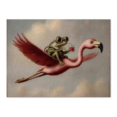 Imagem de FoxUncle Arte de parede engraçada sapo no flamingo extravagante vintage animal pôster surreal com humor pintura em tela para quarto, escritório, casa, decoração de parede 30,5 x 40,6 cm, sem moldura