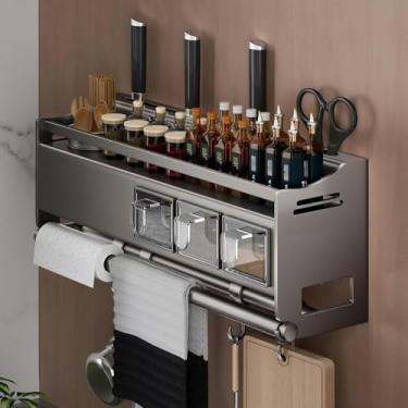 Imagem de Suporte de parede para temperos com organizador de metal, inclui suporte de toalha de papel, prateleira de armazenamento de cozinha para armários, organizador de especiarias que economiza espaço para