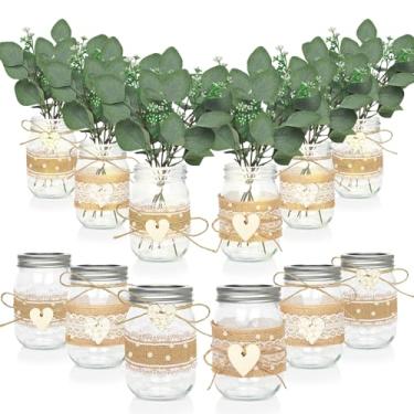 Imagem de Cinrobiye 6 conjuntos de mesa de pote de pedreiro com manga de renda de eucalipto, corda de cânhamo rústico, vasos de recepção para festa de noivado, chá de bebê, decoração de mesa de casamento (renda