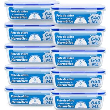 Imagem de Kit 10 Potes Vidro Hermético Aristus 640ml Marmita Anti Vazamento Forno Micro-ondas Freezer Tampa 4 Travas Vidro Borossilicato (azul)