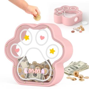 Imagem de KMC Cofrinho grande de madeira com garra de gato, caixa de dinheiro que poupa pata de cachorro para menino, cofrinho transparente para meninas, cofrinho grande com inicial grande, presente