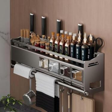 Imagem de Suporte de parede para temperos com suporte de toalha de papel – Organizador de metal resistente para armazenamento de cozinha, prateleira de armário para especiarias e condimentos – Solução que