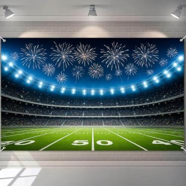 Imagem de BlissYard Cenário noturno de estádio de futebol, 188 x 109 cm, faixa fotográfica de campo com luzes brilhantes, fogos de artifício, céu e quintal, para exibição de parede de festa esportiva de dia de