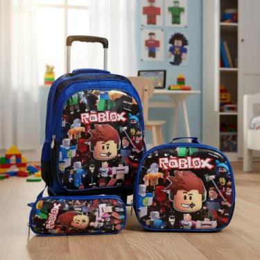 Imagem de Kit Mochila Escolar Roblox 3d Rodinhas Lancheira Estojo Reforçada Tam 
