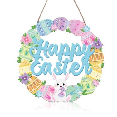 Imagem de Placa Decorativa de Feliz Páscoa, Placa Madeira com Coelhinho e Ovos para Pendurar Adorável Enfeite Páscoa Adequado para Ambientes Internos e Externos Janelas Portas Entrada Decoração