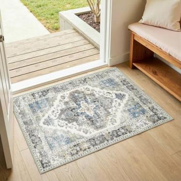 Imagem de jinchan Tapete de entrada 5 x 7 cm, estampa vintage, cinza, lavável, antiderrapante, fino, elegante, retrô, interior, tapete pequeno, tapete para entrada, cozinha, quarto, lavanderia