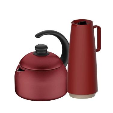 Imagem de Chaleira Alumínio Paris 1,9l Antiaderente Vermelha Com Bule Garrafa Térmica 1l Vermelho Tramontina