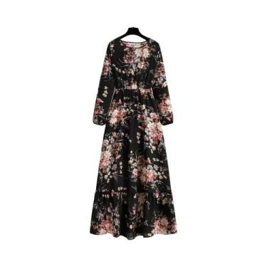 Imagem de Vestido Maxi Floral Feminino Para Primavera E Verão, Casual, Manga Lon