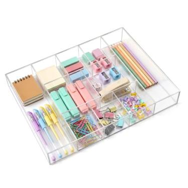 Imagem de Briwooody Organizador de gaveta de mesa de acrílico transparente 38 x 29 x 5 cm para canetas, artigos de papelaria, mesa, escritório, banheiro, cozinha, suprimentos de maquiagem (10 compartimentos)
