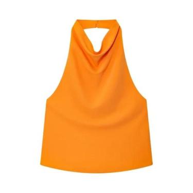Imagem de Top Halter De Cetim Feminino Preto E Amarelo Sem Mangas Para O Verão -