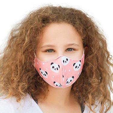 Imagem de Máscara de rosto lavável para jovens com laços ajustáveis e fio de nariz – 3 camadas, camada interna 100% algodão – Idades: 6-12 – Proteção de rosto reutilizável de tecido com bolso de filtro (pandá rosa)