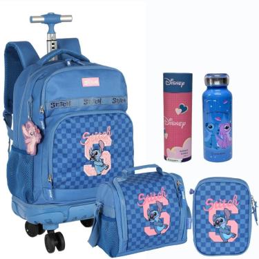 Imagem de Kit Mochila Rodinhas 360 Garrafa STITCH Azul Luxcel MC50052-Unissex