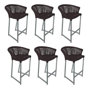 Imagem de Kit 6 Banquetas Reis Em Corda Náutica E Base Em Alumínio Cinza Para área Gourmet Externa Marrom
