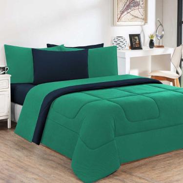 Imagem de Kit Edredom + Jogo De Lençol Malha 100% Algodão Gran Moratta 7 Peças Casal Verde Jade-azul Marinho