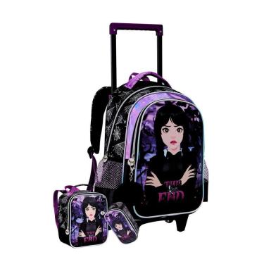 Imagem de Kit Escolar Mochila Rodas + Lancheira + Estojo Wandinha Roxo
