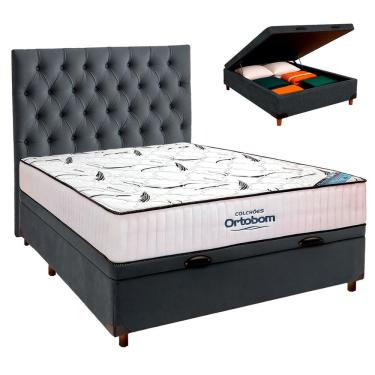 Imagem de Cama Box Baú Cinza Com Colchão Casal High Foam Ortobom + Cabeceira