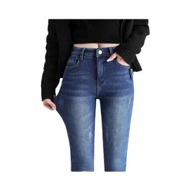 Imagem de Calças Jeans Térmicas Femininas De Inverno Com Forro De Lã Quente E Pe