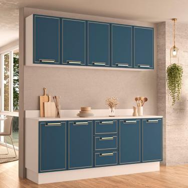 Imagem de Cozinha Modulada 4 Peças com Tampo e Rodapé Amara Politorno - Branco com Azul