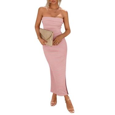Imagem de Vestido PRETTYGARDEN Médio Listrado Rosa Branco sem alça Maxi