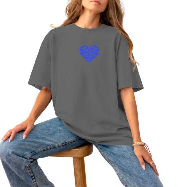 Imagem de Blusa Feminina Plus Size Algodão Casual Estampada Logo Pequena Confortável Estilosa Coração Blue-Feminino