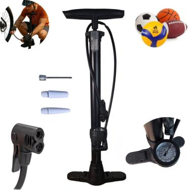 Imagem de Bomba de Ar Manual para Pneus e Infláveis com Manômetro Pressão 160 PSI e 2 Bicos Adaptadores Preto