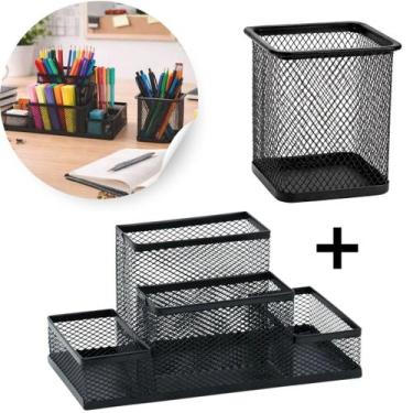 Imagem de Kit Porta canetas Aramado Preto Organizador Mesa Escritório - Morganit