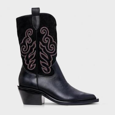 Imagem de Bota Carrano Western Bordado Salto Bloco Couro Preto - 616023, Preto, 