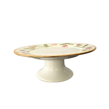 Imagem de Prato Porta Bolo Torta com Pé Cerâmica Desenho Flores Borda Ouro 28cm 3L Branco Scala