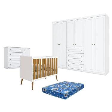 Imagem de Quarto de Bebê Americano 6 Portas com Berço Americano Katatau Branco Acetinado Savana – Reller - Henn e Colchão TendTudo