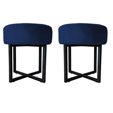 Imagem de 02 Puff Decorativo Madrid Luxo Preto Assento Suede Azul Marinho - Folk Móveis