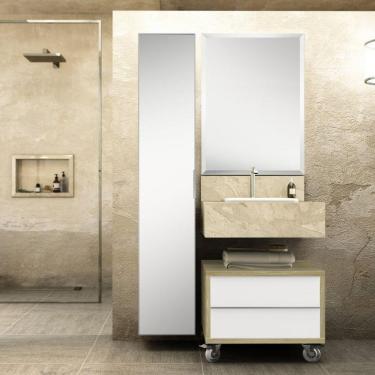Imagem de Conjunto de Banheiro Max 60cm com Espelho Bancada em Porcelanato, Gaveteiro e Armário Vertical Bumi Travertino