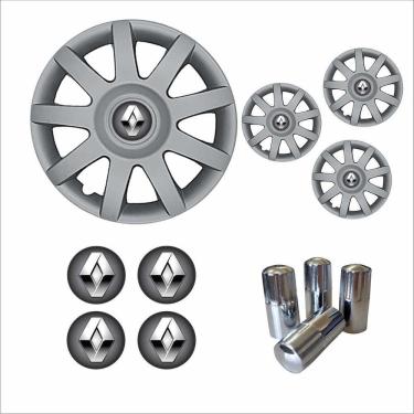 Imagem de Jogo Calota Aro 14 Sandero Logan Clio 2009 à 2011 Renault + Emblema Resinado + Tampa Ventil Cromada