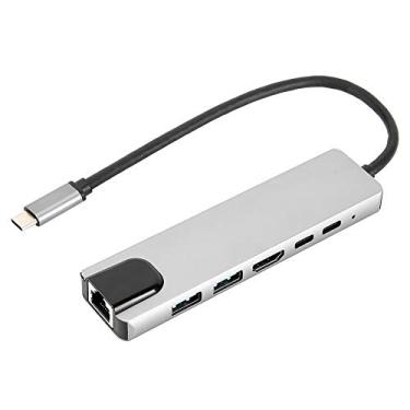 Imagem de ASHATA USB 3.0 HUB, TipoC 6 em 1 Hub Multifuncional Expansão Dock TypeC para UHD/TYPEC/HDTV+SS+rj45, Resistência ao desgaste Liga de alumínio TipoC Docking Station