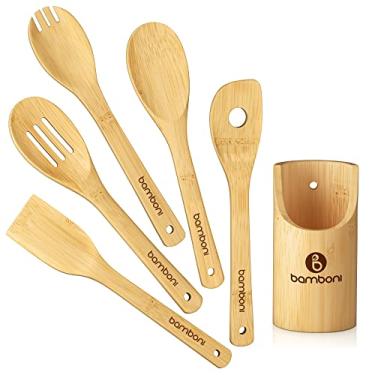 Imagem de Conjunto de 6 peças | Conjunto de utensílios de bambu orgânico | utensílios de cozinha de bambu | Colheres de madeira para cozinhar | Conjunto de utensílios de cozinha de madeira | Perfeito para panelas antiaderentes da Bamboni | Ótimos presentes de cozinha