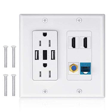 Imagem de 2 tomadas 15A com porta de carregador USB de 2,4A dupla com iluminação LED, IQIAN 2 HDMI HDTV + 1 placa de LED CAT6 RJ45 Ethernet + cabo coaxial TV F tipo chaveiro branco ...