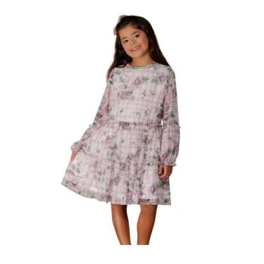 Imagem de Vestido Infantil Estampa Rosas Xadrez Com Sobreposição Tule  - Espaker