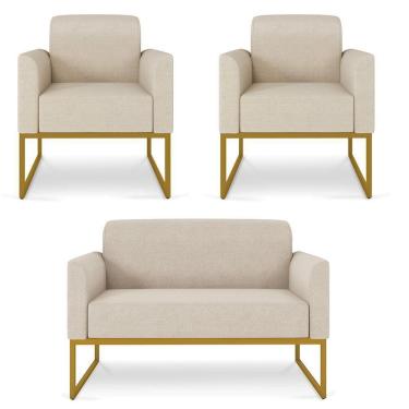 Imagem de Kit 01 Namoradeira 02 Lugares E 02 Poltronas Marisa Linho Base Industrial Metálica Dourado Cor A27 Areia