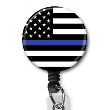 Imagem de Yzkkbi Bandeira de linha azul fina carretel de crachá retrátil porta-crachá de identificação com clipe de jacaré suporte de crachá de nome de funcionário de escritório