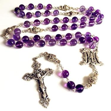 Imagem de Elegante, médica, feita à mão, ametista, rosa, miçangas, rosário de 5 décadas, Itália, cruz, crucifixo, católico, caixa de colar