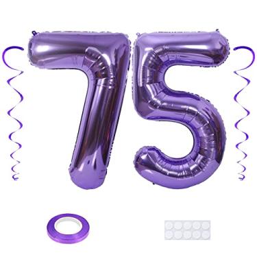 Imagem de Maigendoo Balão jumbo 75 números 102 centímetros grandes dígitos balões enorme de hélio folha balão de Mylar com decorações de redemoinho para festa de aniversário de 75 anos formatura celebração evento de aniversário, roxo