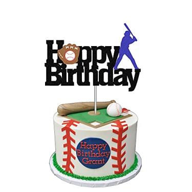 Imagem de Topo de bolo de beisebol, material de decoração de festa com tema esportivo, topo de bolo de feliz aniversário para jogador de beisebol e jogador de softbol, decoração de glitter de bolo de aniversário para meninos esportivos, bolo de tema de beisebol