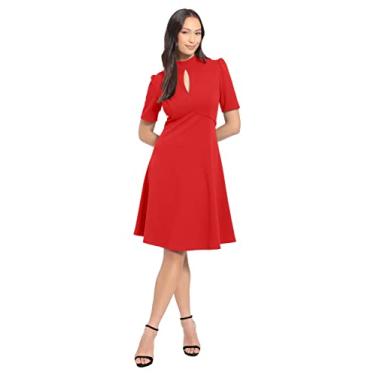 Imagem de London Times Vestido feminino com mangas bufantes polido chique com babados, Verdadeiro vermelho, 48