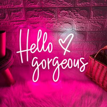 Imagem de Hello Gorgeous Sinais de neon para decoração de parede, luzes de neon rosa claro de casamento de 48 cm para quarto, festa de aniversário, bar, placa de neon LED com interruptor de intensidade de luz para presente de arte de decoração de Natal (rosa, 49,7 x 34,1)