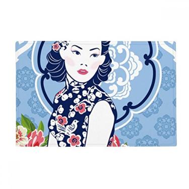 Imagem de DIYthinker Tapete de porta de banheiro com flor azul da cultura chinesa antiderrapante
