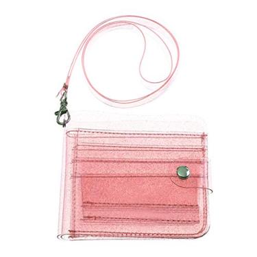 Imagem de VONGEE Carteira feminina transparente cordão bonito glitter dobrável bolsa porta-cartão - rosa, 10,7 x 9,5 cm