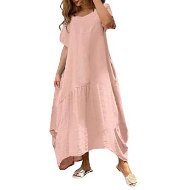 Imagem de UIFLQXX Vestidos de verão para mulheres e mulheres vestido de gola redonda casual manga longa vestido solto cor sólida vestido longo, Rosa, GG